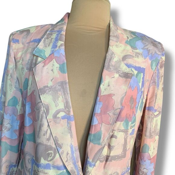 Vintage 90s Oversized Blazer Jacket Pastel Yellow Pink Abstract Floral Statement - Picture 4 of 11